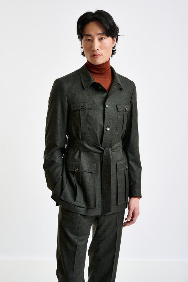 Green Super 100's Wool Safari Jacket Flannel Saxony