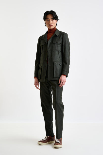 Green Super 100's Wool Safari Jacket Flannel Saxony - View 5