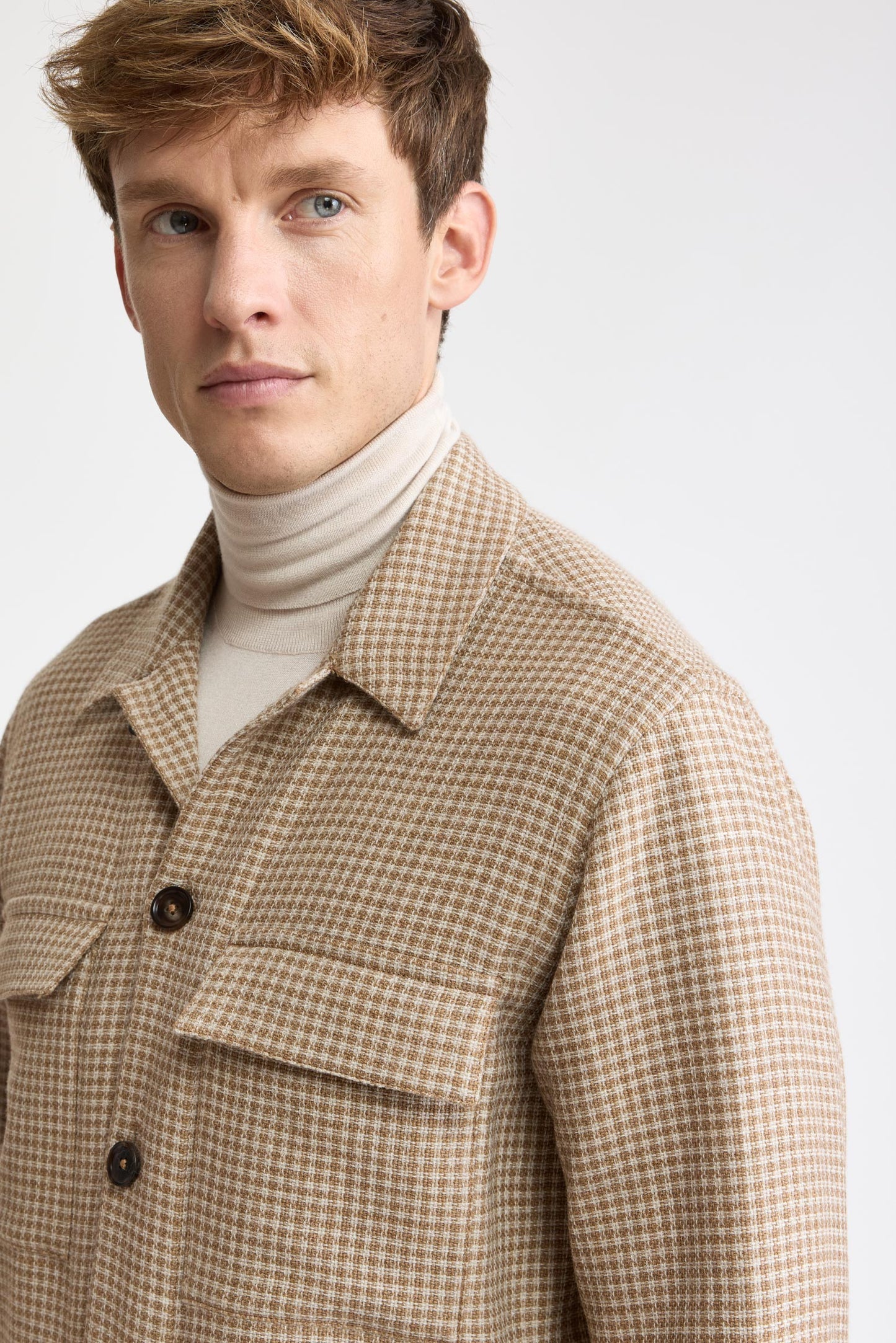 Hellkariert, beige, 100 % Wolle, Plymouth-Overshirt „Mistral“