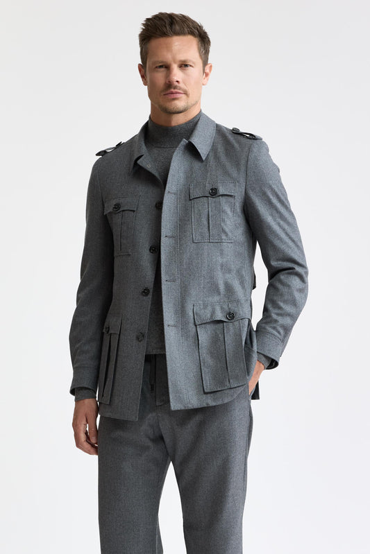 Veste safari Exmoor gris clair, 100 % laine Super 100's, en flanelle et saxony