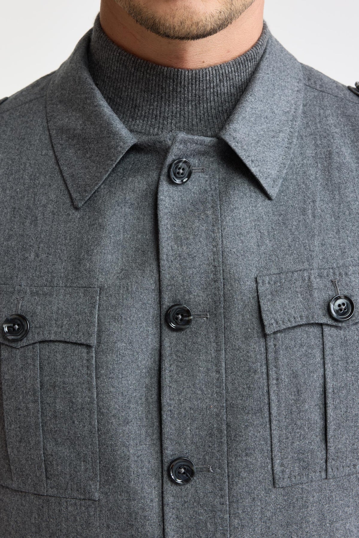 Hellgraue Exmoor-Safari-Jacke aus 100 % Wolle Super 100's, Flanell & Saxony