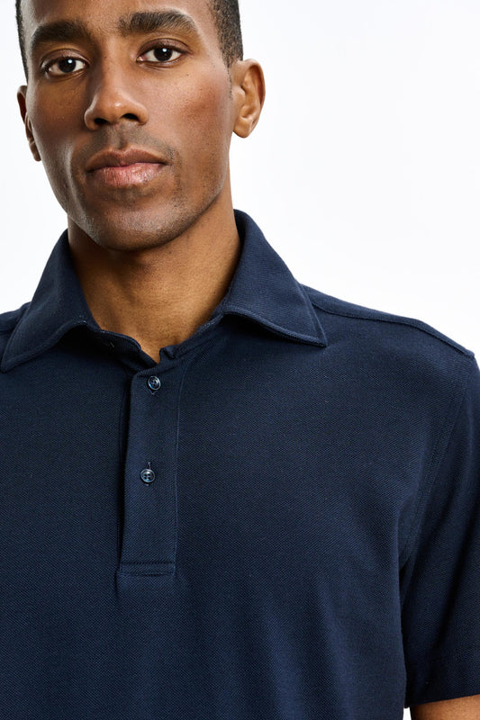 Cotton Piquet Polo Shirt Navy - View 3