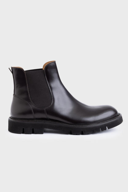 Bottes Chelsea En Cuir De Veau Verni Brun Foncé 