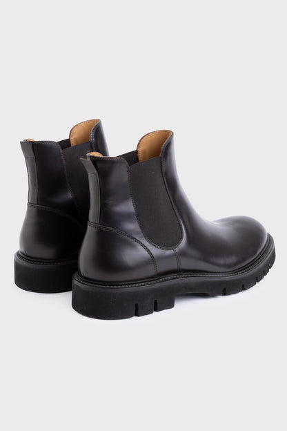 Bottes Chelsea En Cuir De Veau Verni Brun Foncé 