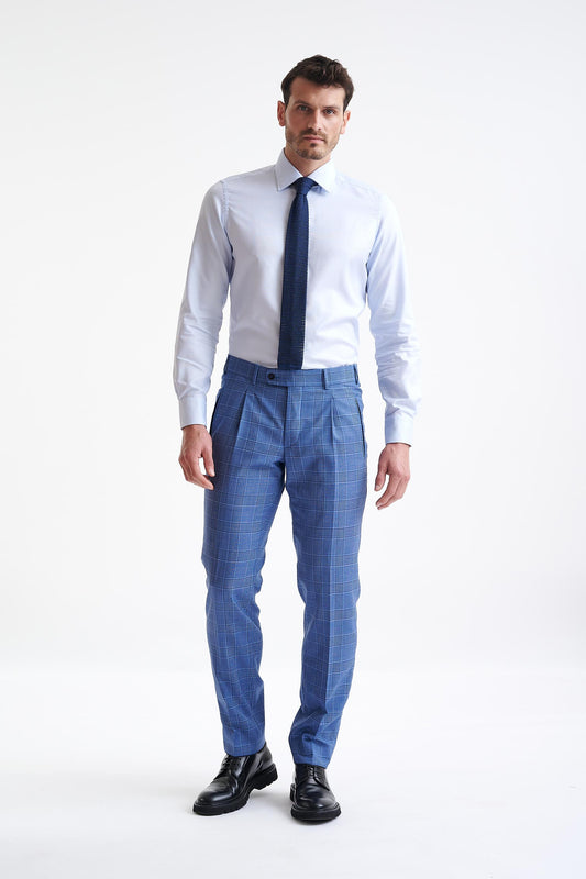 Check Blue Super 130's Wool  Farley Trousers Mosaic