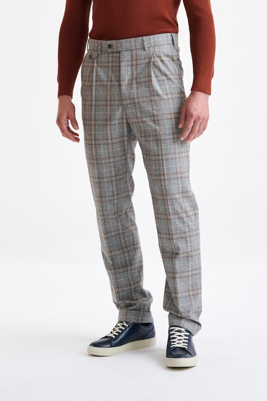 Grey Brown Check Wool & Cotton Farley Trousers Lifestyle