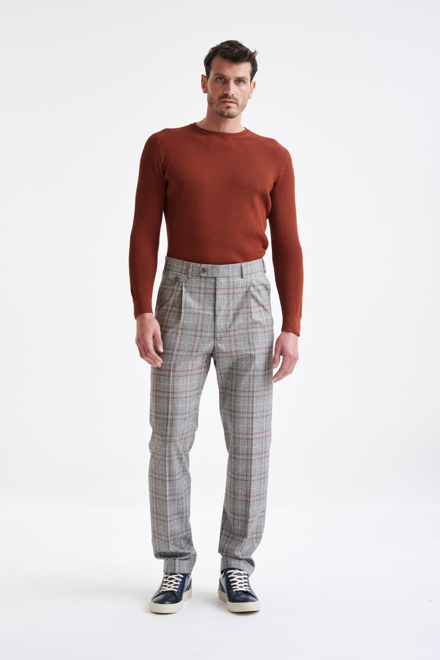 Grey Brown Check Wool & Cotton Farley Trousers Lifestyle