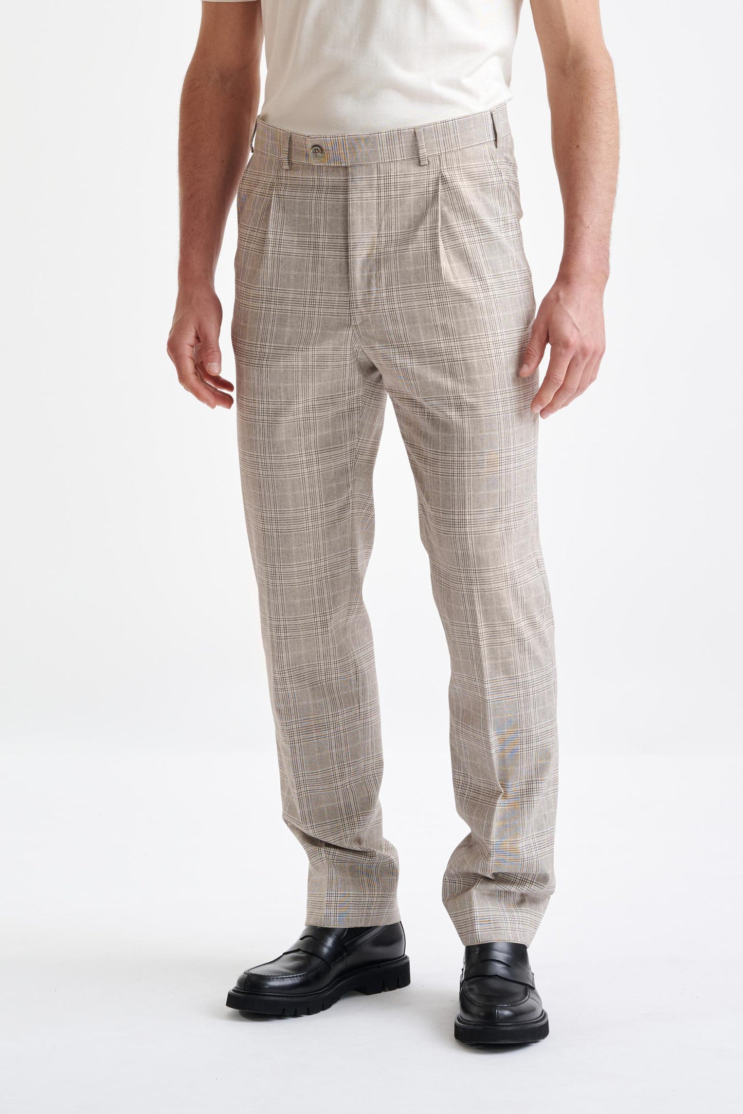 Brown Cream Check Wool & Cotton Farley Trousers Lifestyle