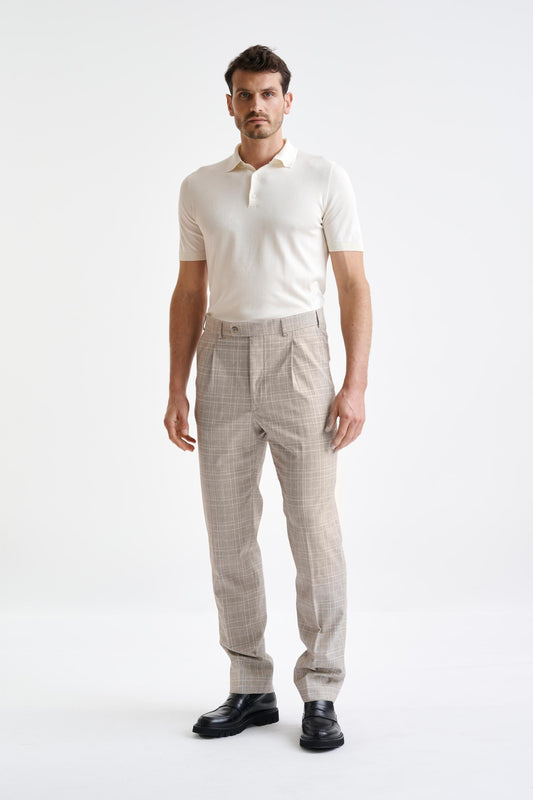 Brown Cream Check Wool & Cotton Farley Trousers Lifestyle