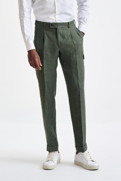 Green Linen Farley Trousers Pure Linen - View One