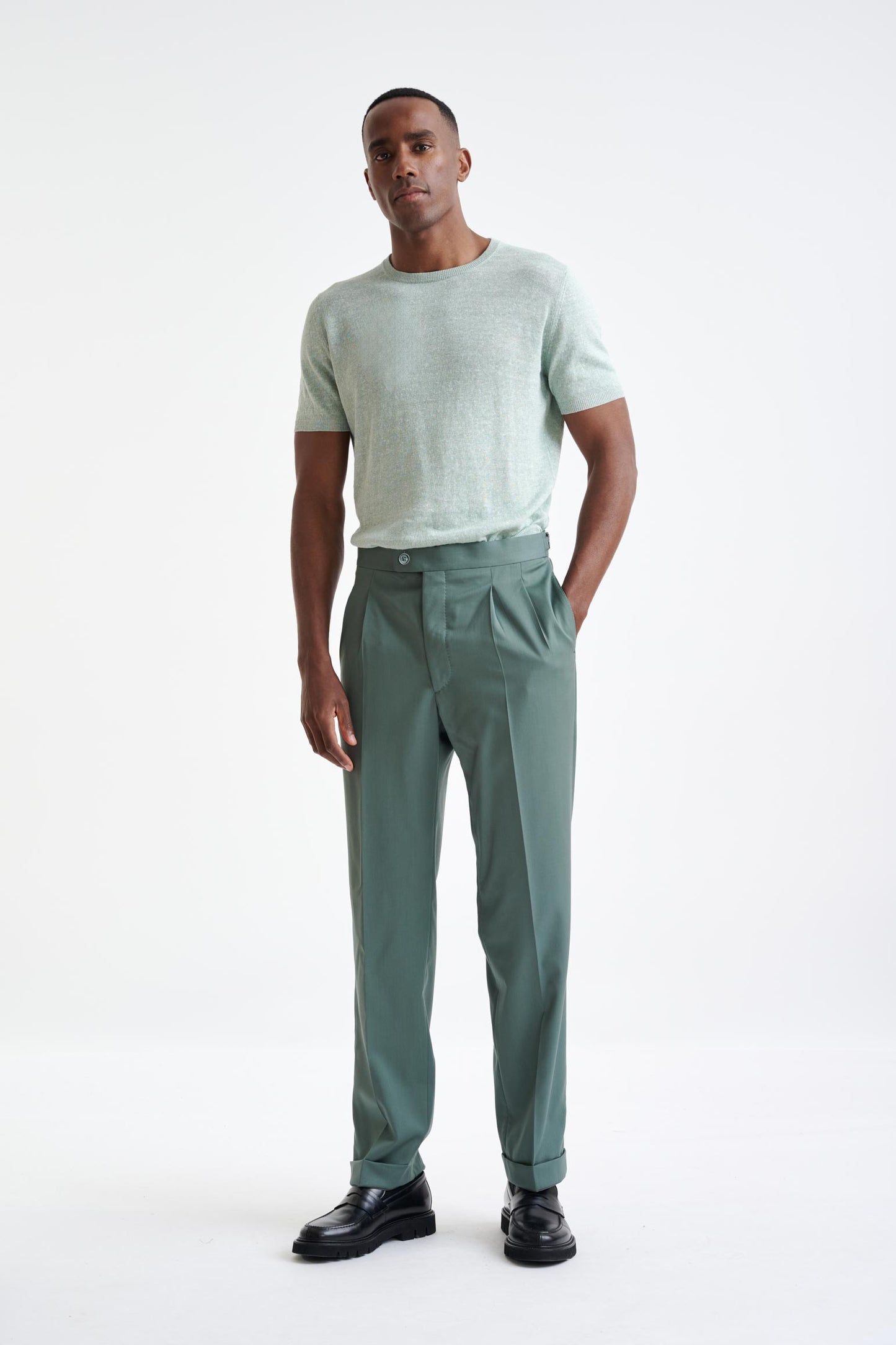 Sage Green Super 100's Wool Farley Trousers New Deluxe