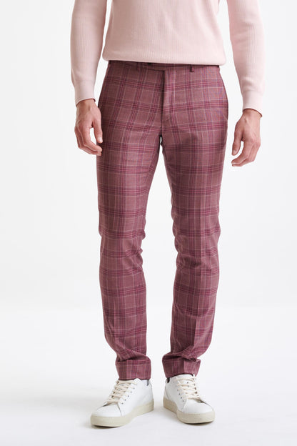 Check Pink Burgundy Super 130's Wool  Farley Trousers Mosaic - View One