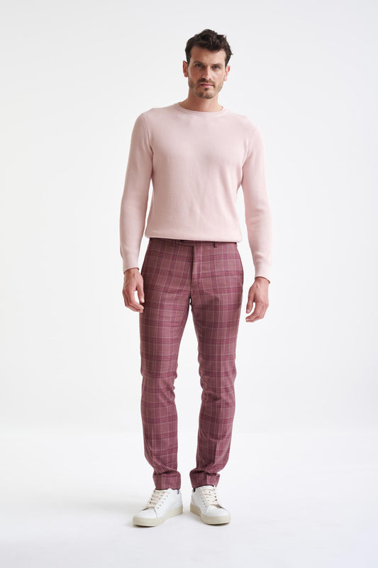 Check Pink Burgundy Super 130's Wool  Farley Trousers Mosaic