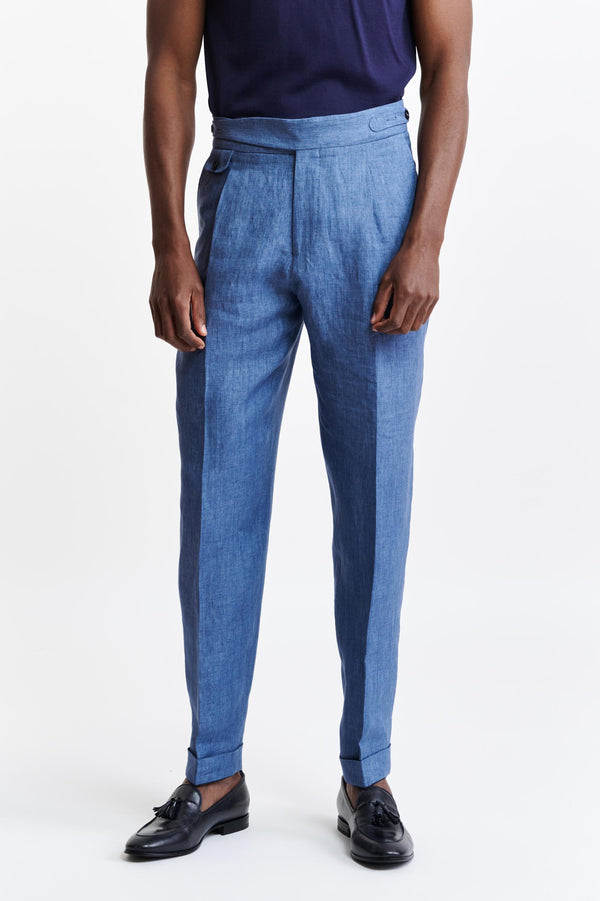 Middelblauwe 100% Linnen Gurkha-broek Pure Linen