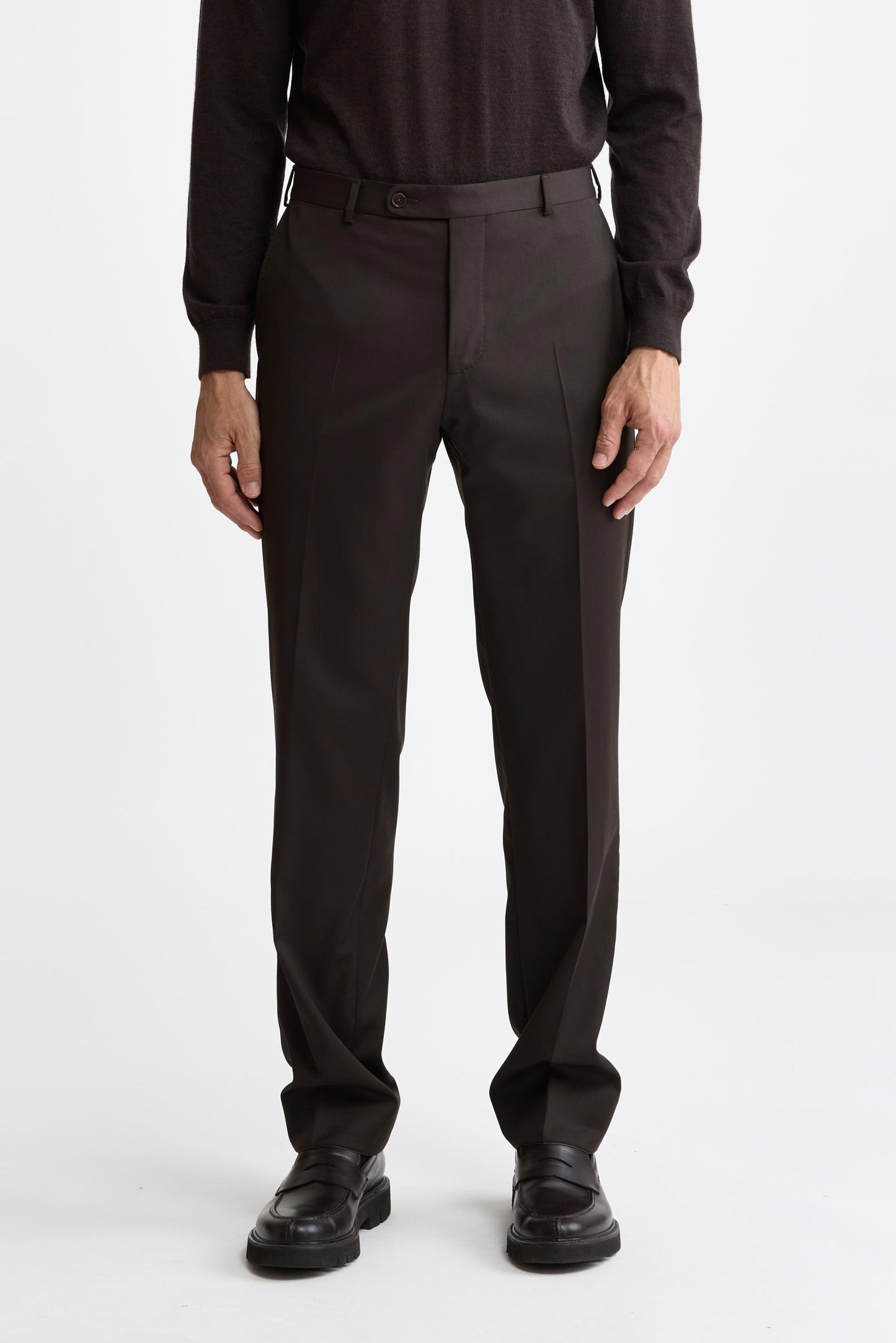 Donkerbruine 100% wollen Super 100's Signature-broek New Deluxe