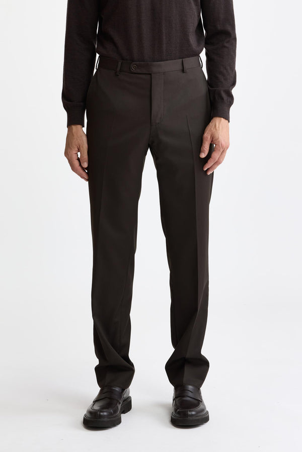 Donkerbruine 100% wollen Super 100's Signature-broek New Deluxe