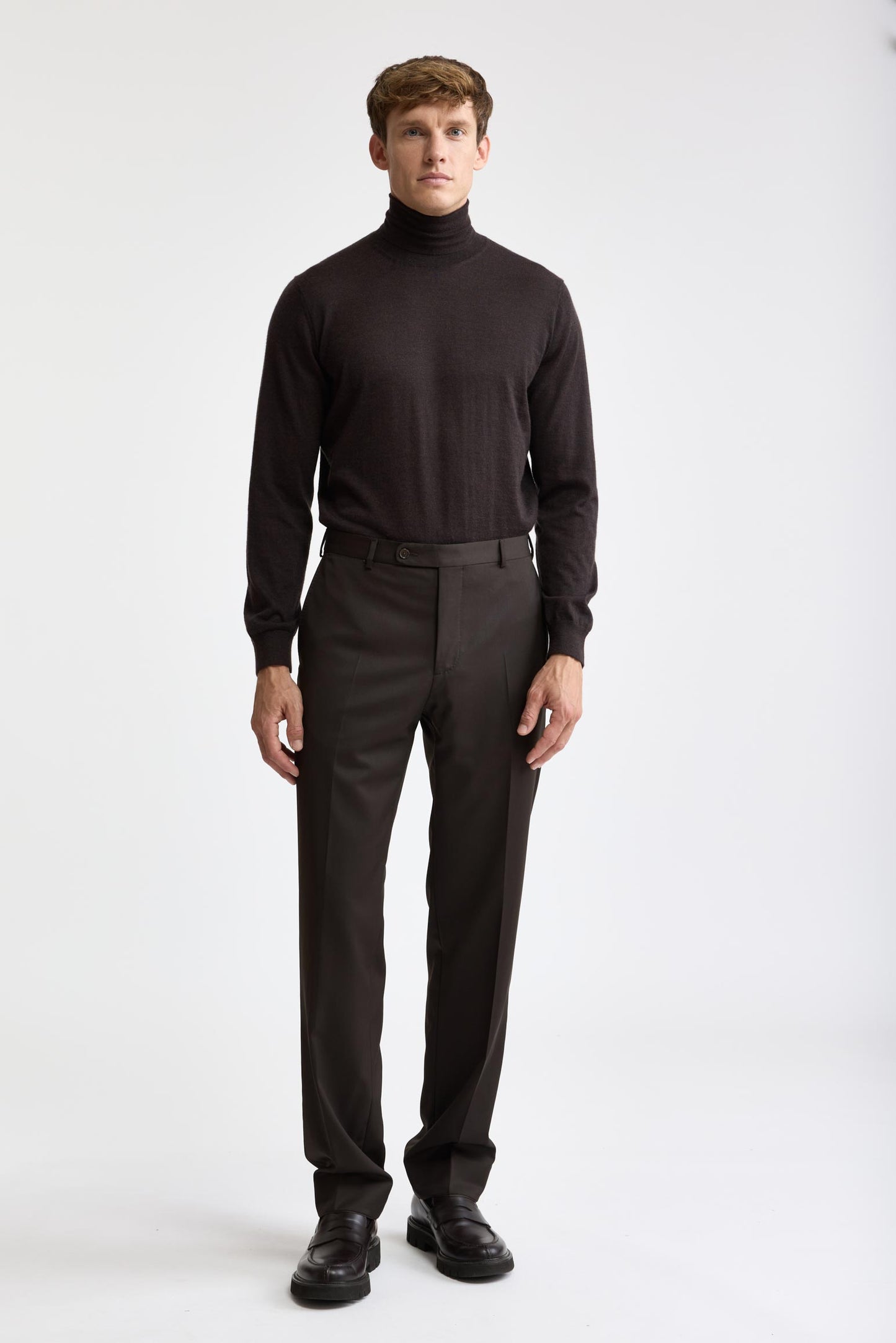 Donkerbruine 100% wollen Super 100's Signature-broek New Deluxe