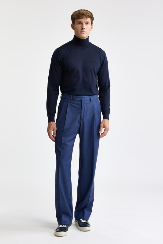 Pantalon Signature bleu moyen 100 % laine Super 100's, en flanelle et saxony
