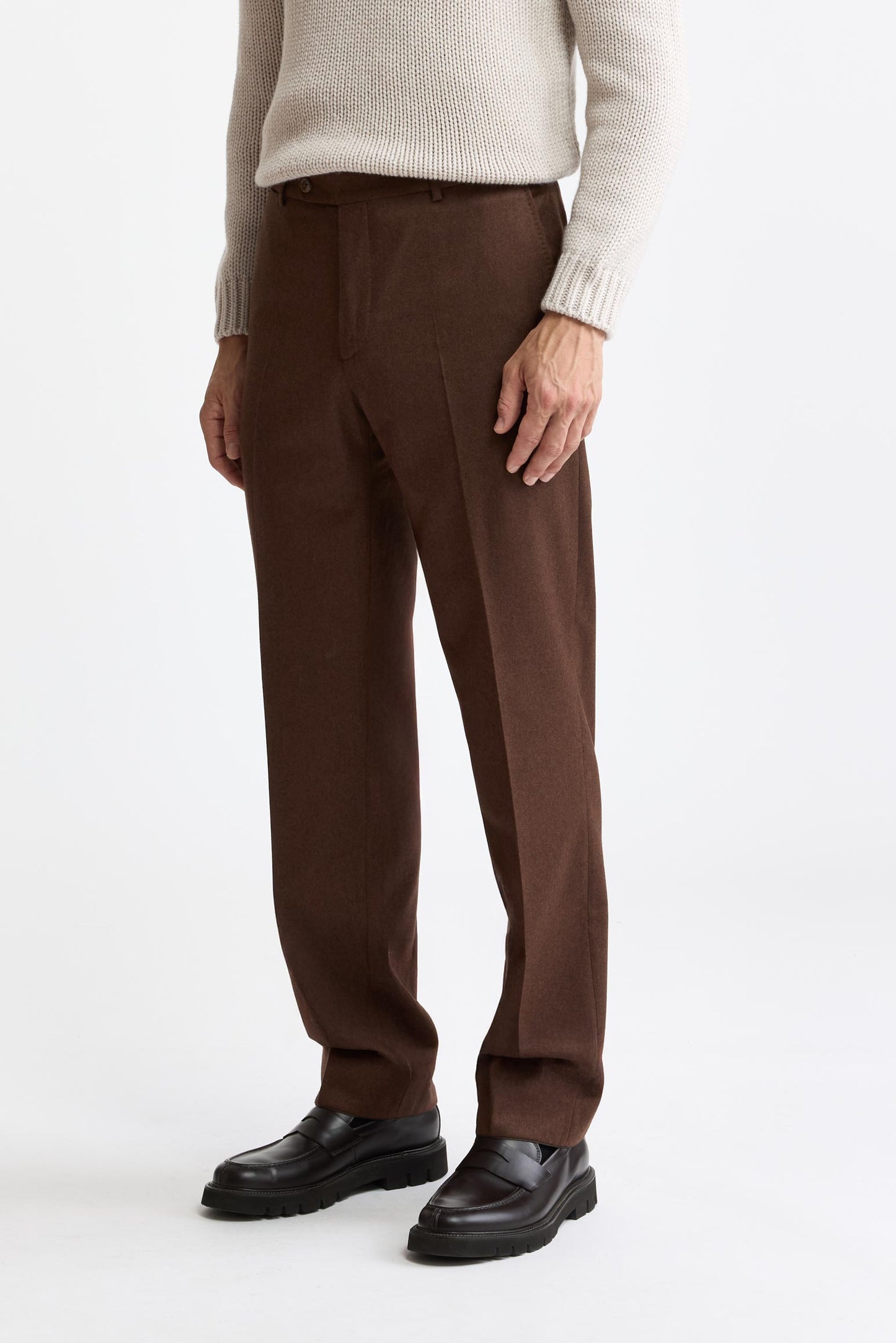 Medium Brown 100% Wool Super 100's Signature Trousers Flannel & Saxony