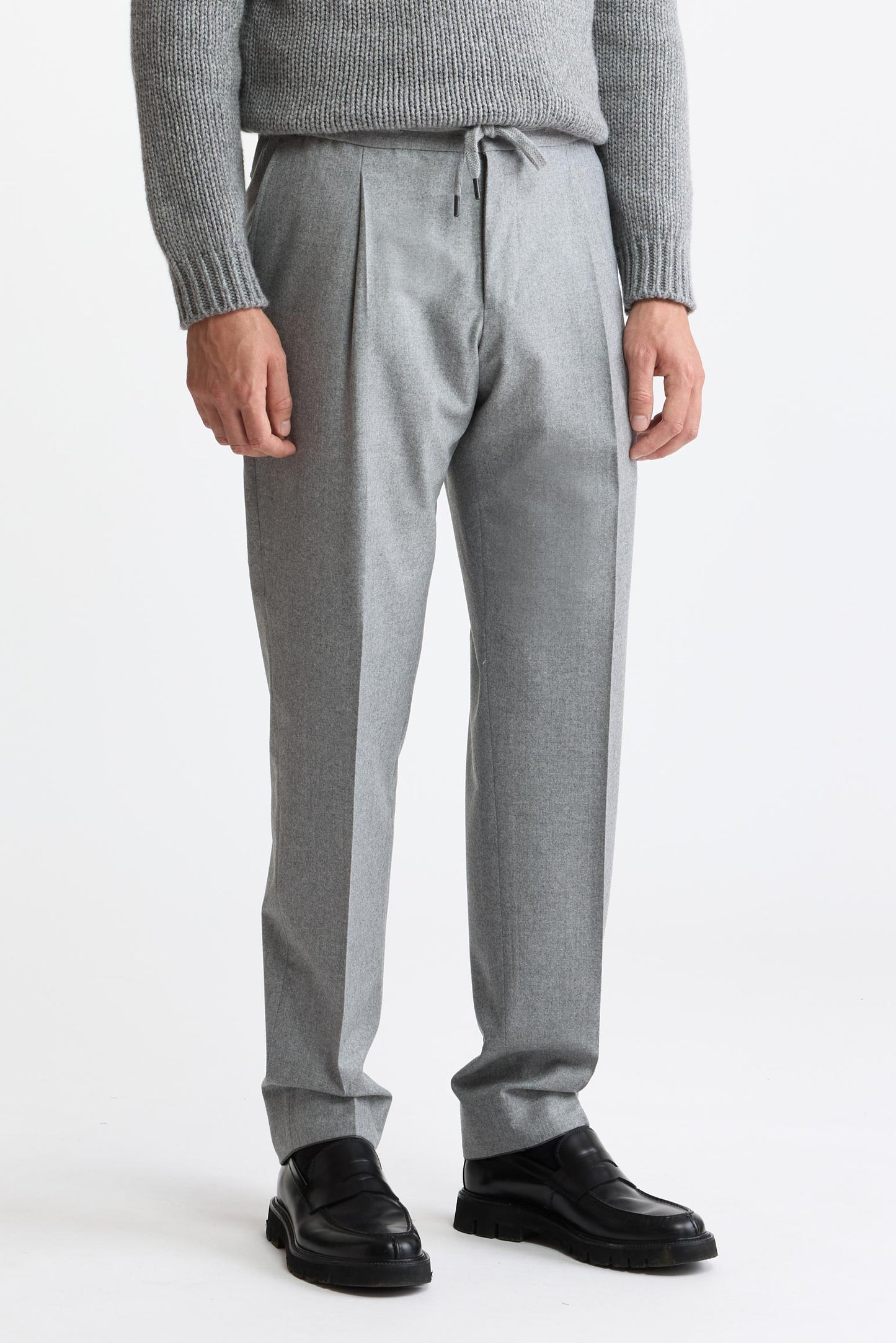 Light Grey 100% Wool Super 120's Drawstring Trousers Flannel & Saxony