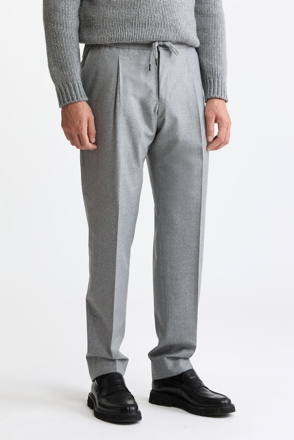Light Grey 100% Wool Super 120's Drawstring Trousers Flannel & Saxony