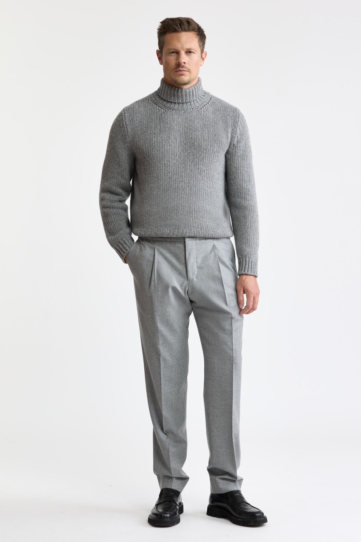 Light Grey 100% Wool Super 120's Drawstring Trousers Flannel & Saxony