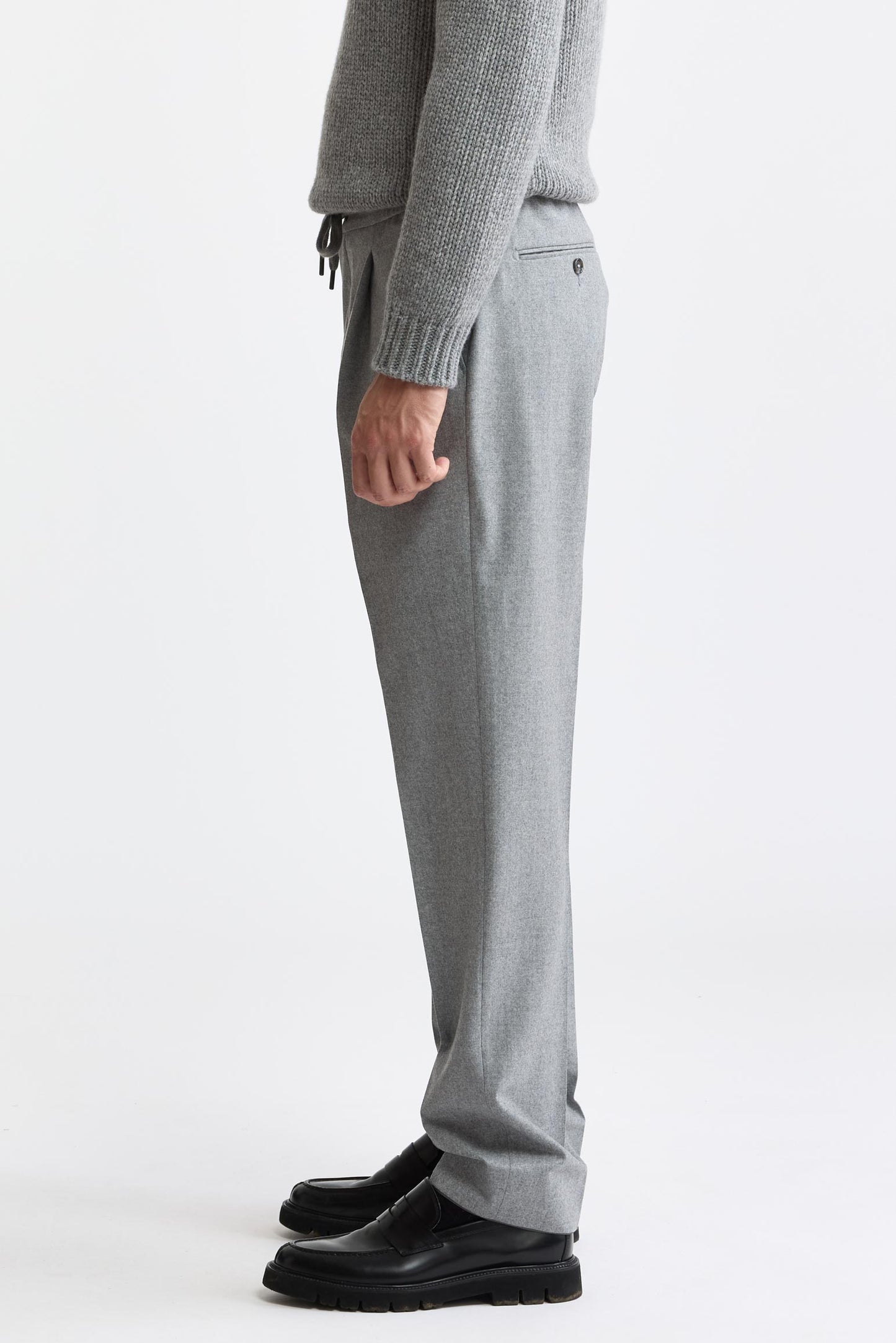 Light Grey 100% Wool Super 120's Drawstring Trousers Flannel & Saxony