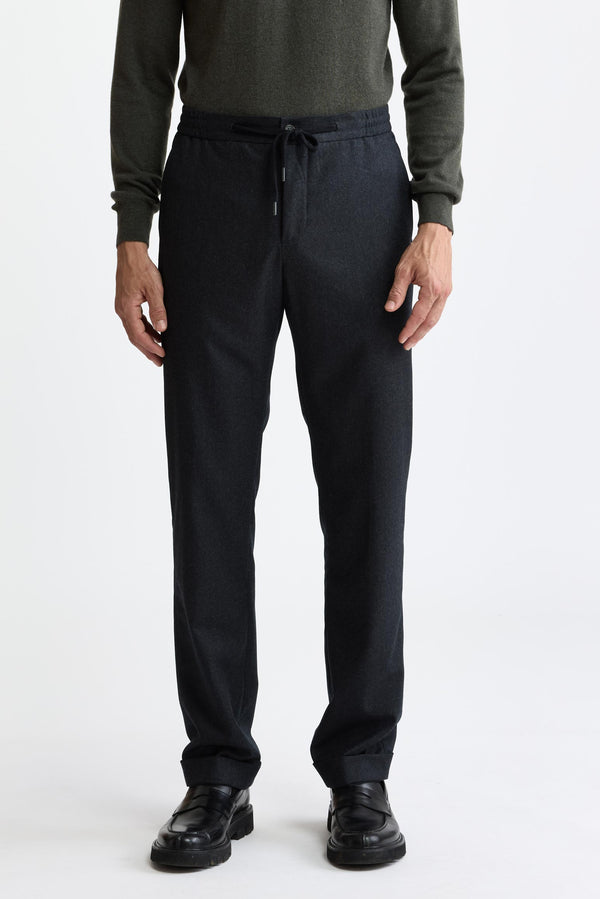 Dark Grey 100% Wool Super 100's Drawstring Trousers Flannel & Saxony