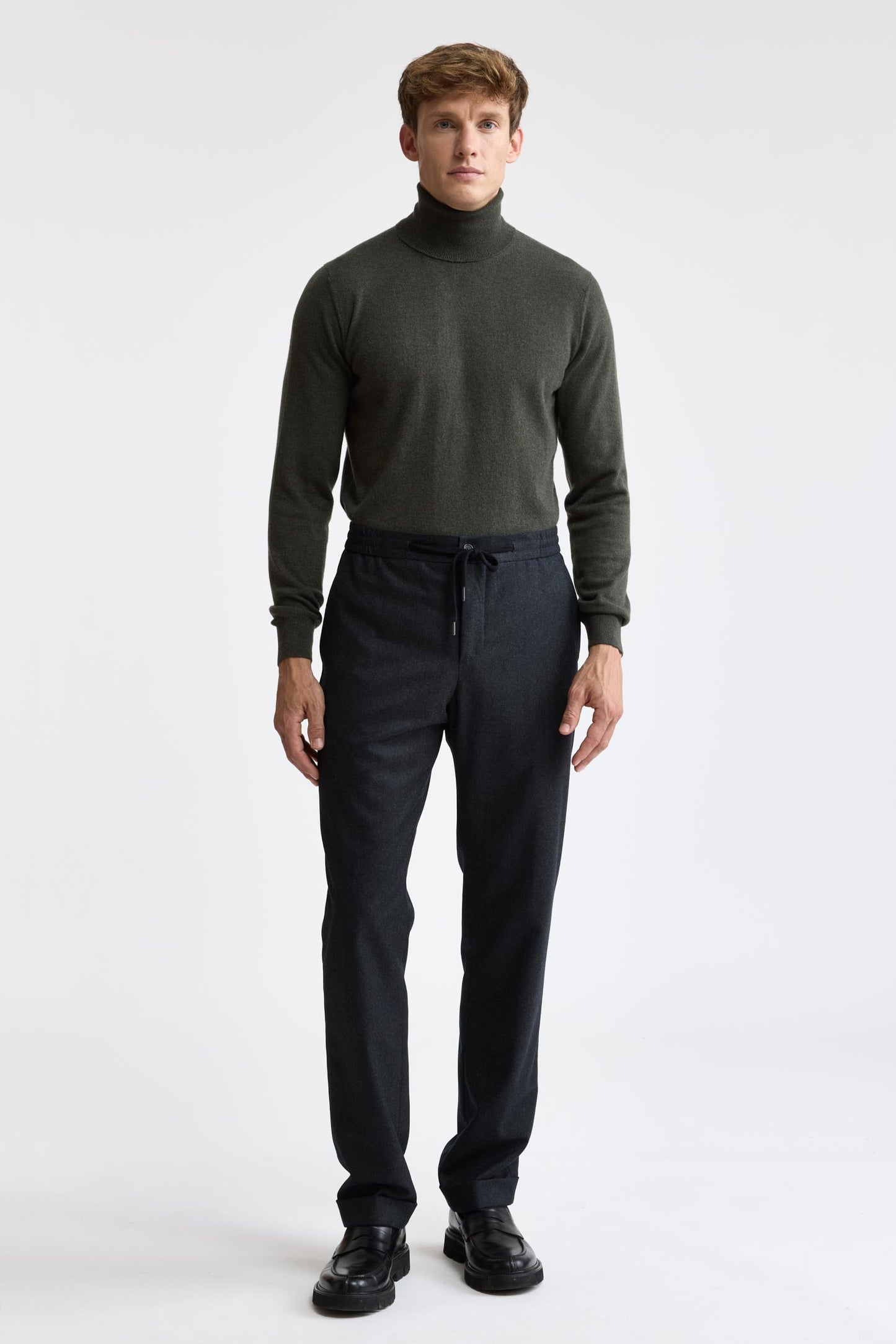 Dark Grey 100% Wool Super 100's Drawstring Trousers Flannel & Saxony