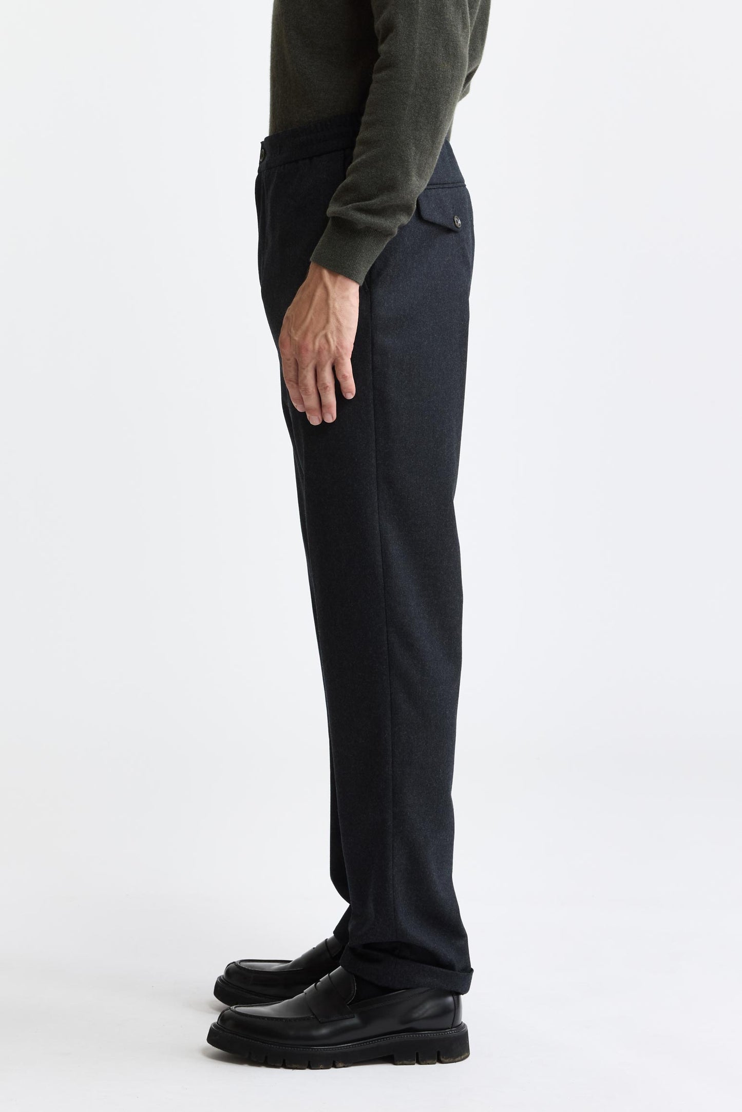 Dark Grey 100% Wool Super 100's Drawstring Trousers Flannel & Saxony