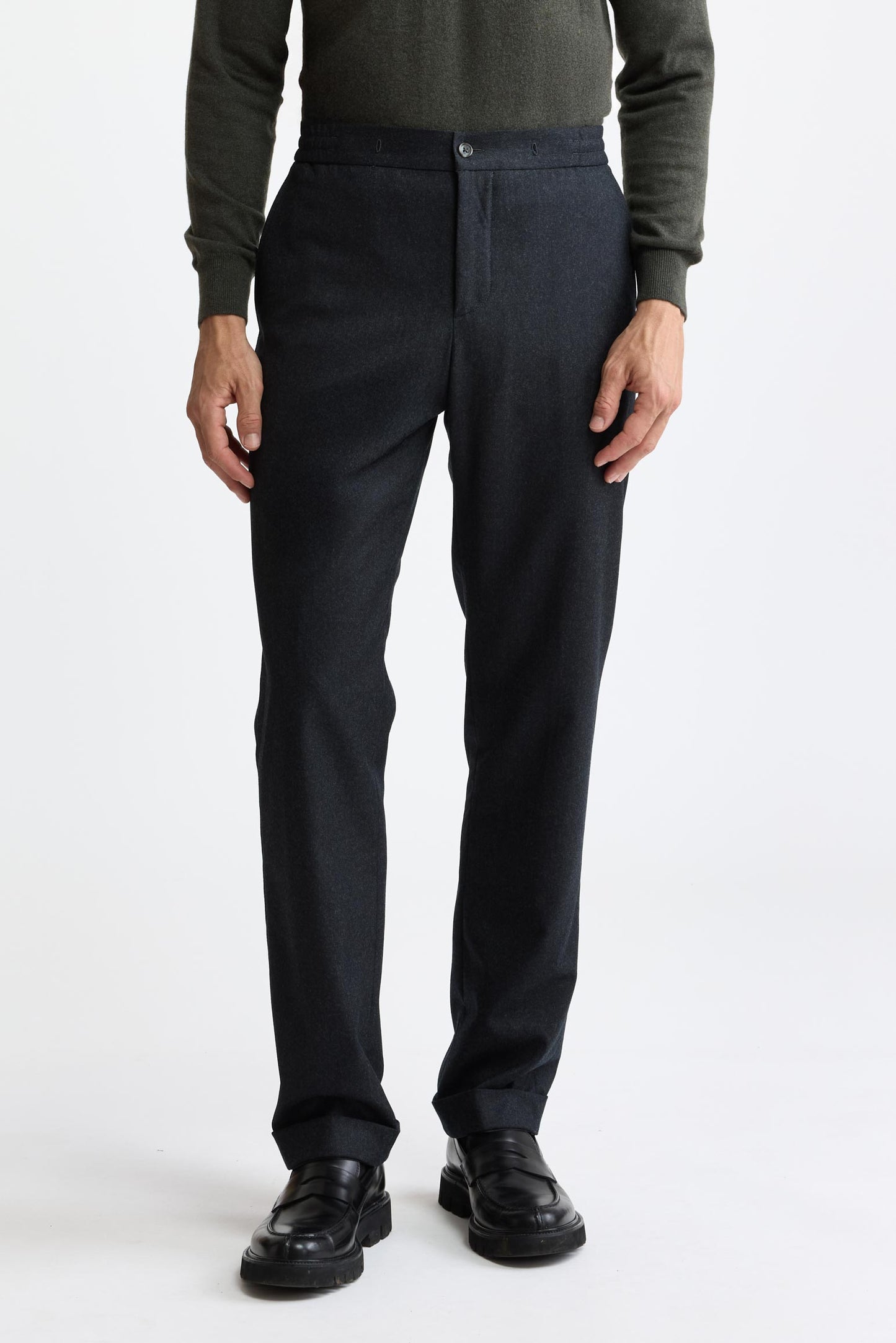 Dark Grey 100% Wool Super 100's Drawstring Trousers Flannel & Saxony