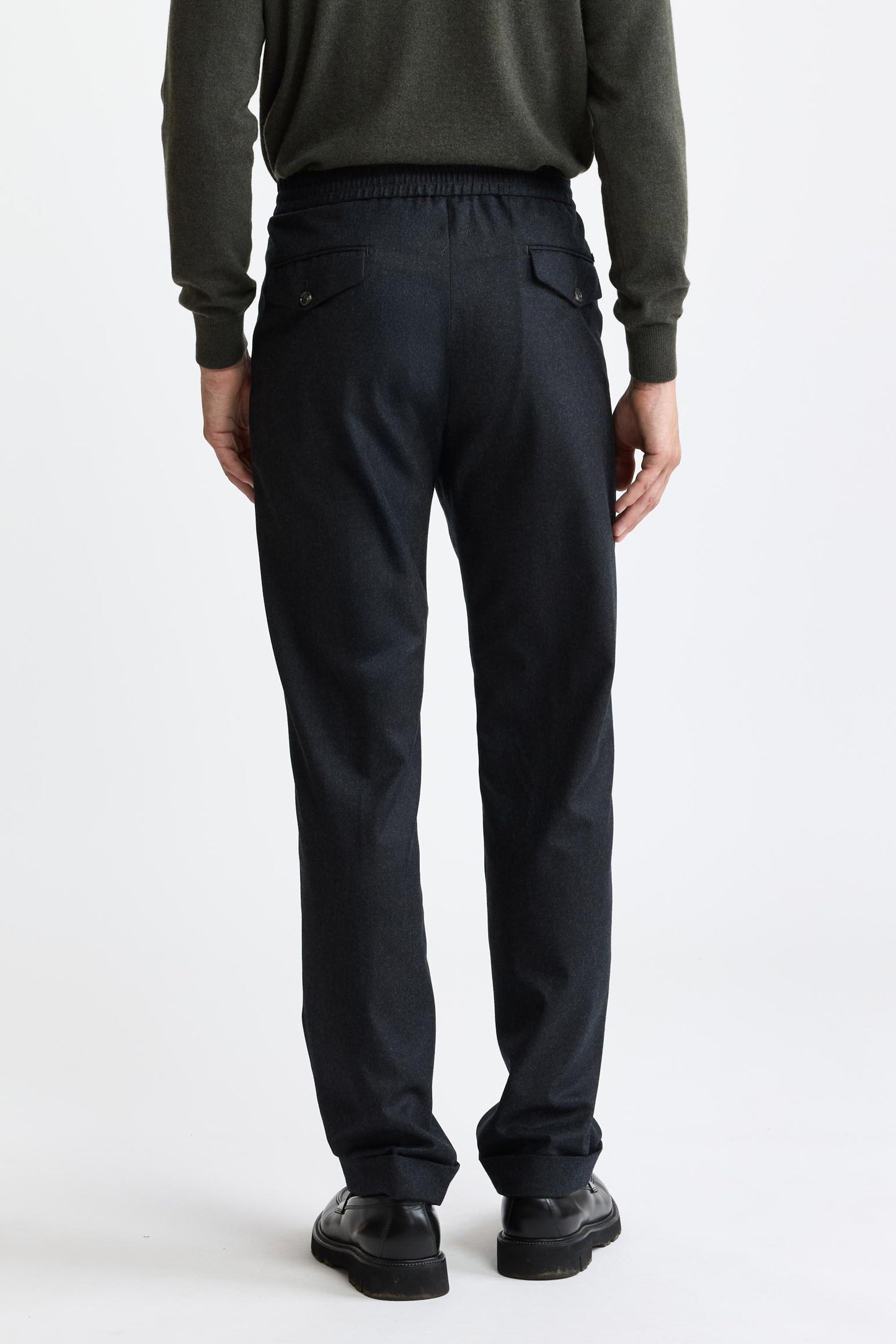 Dark Grey 100% Wool Super 100's Drawstring Trousers Flannel & Saxony