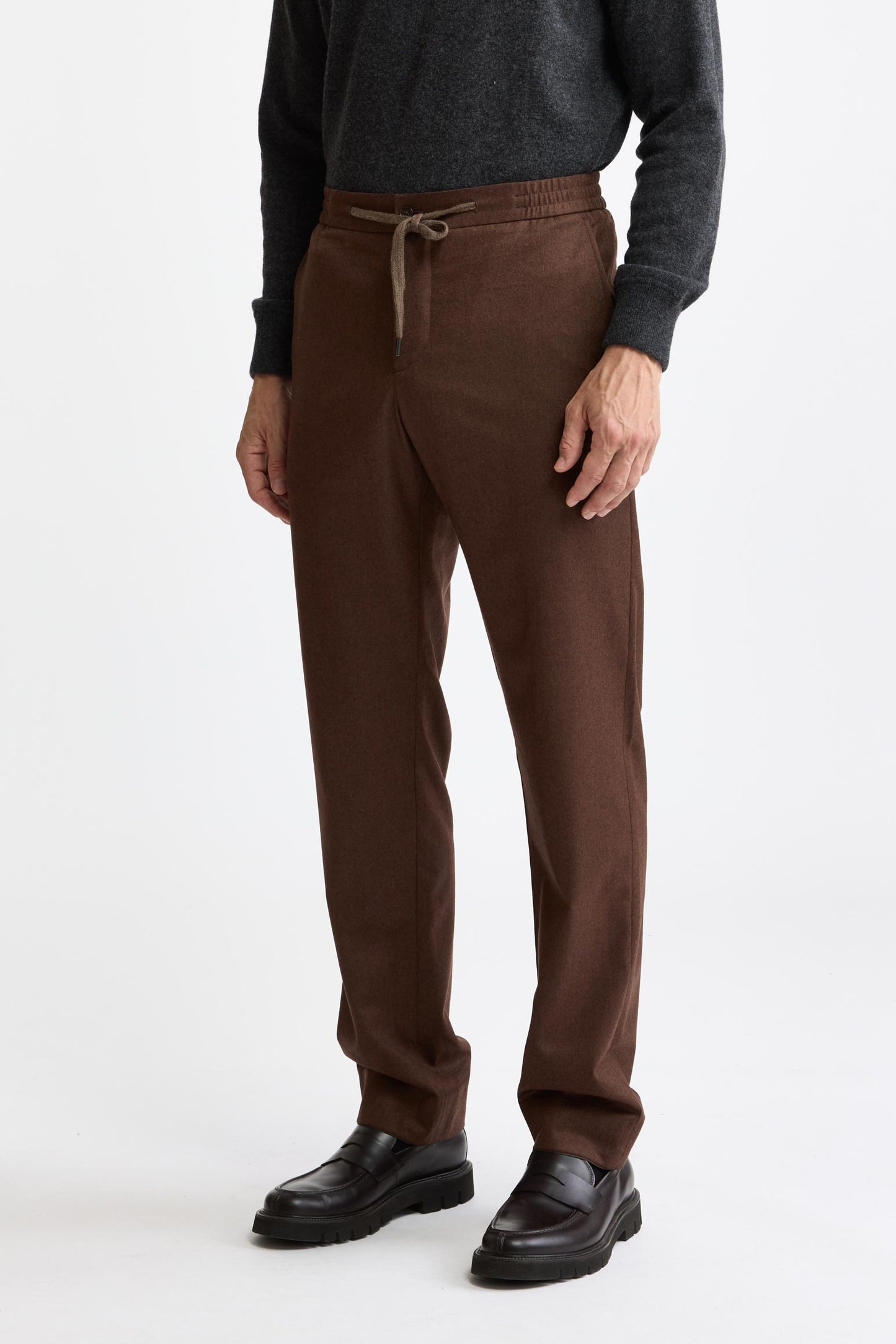 Medium Brown 100% Wool Super 100's Drawstring Trousers Flannel & Saxony