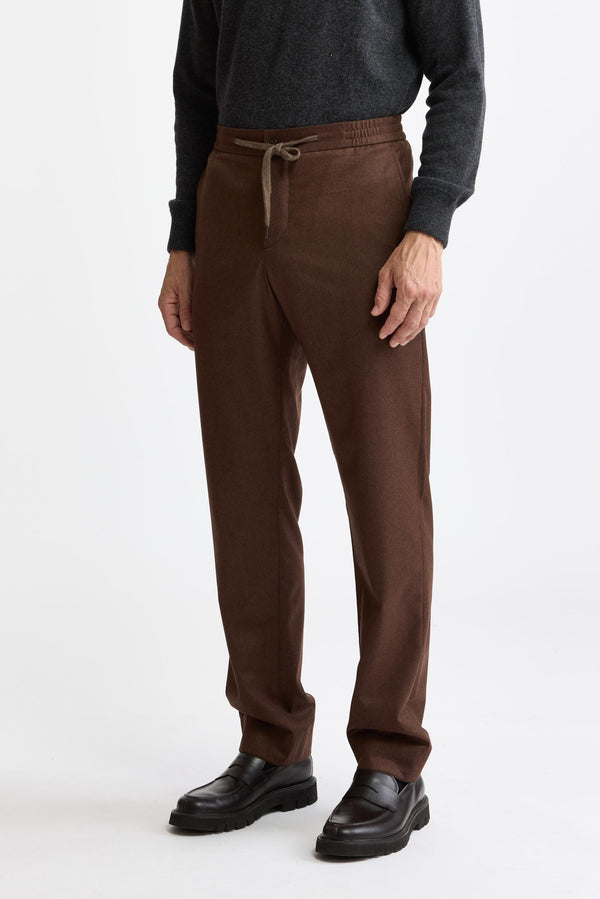Medium Brown 100% Wool Super 100's Drawstring Trousers Flannel & Saxony