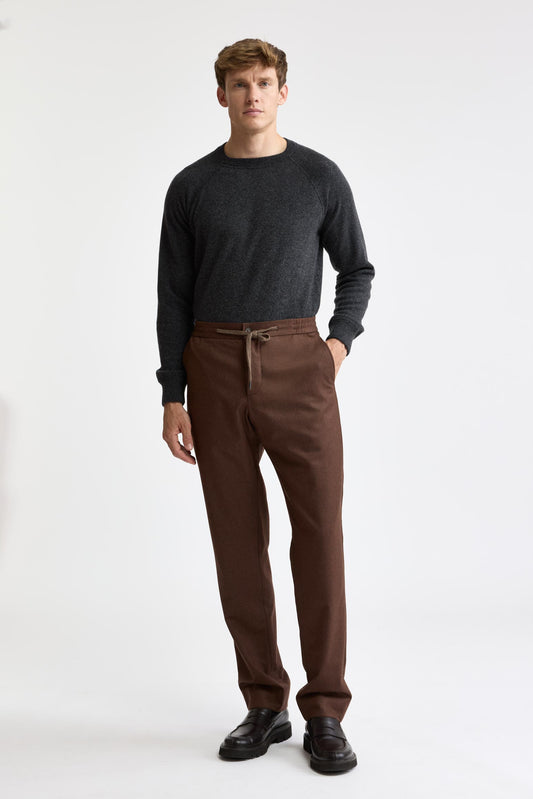 Pantalon à cordon de serrage marron moyen, 100 % laine Super 100's, en flanelle et saxony