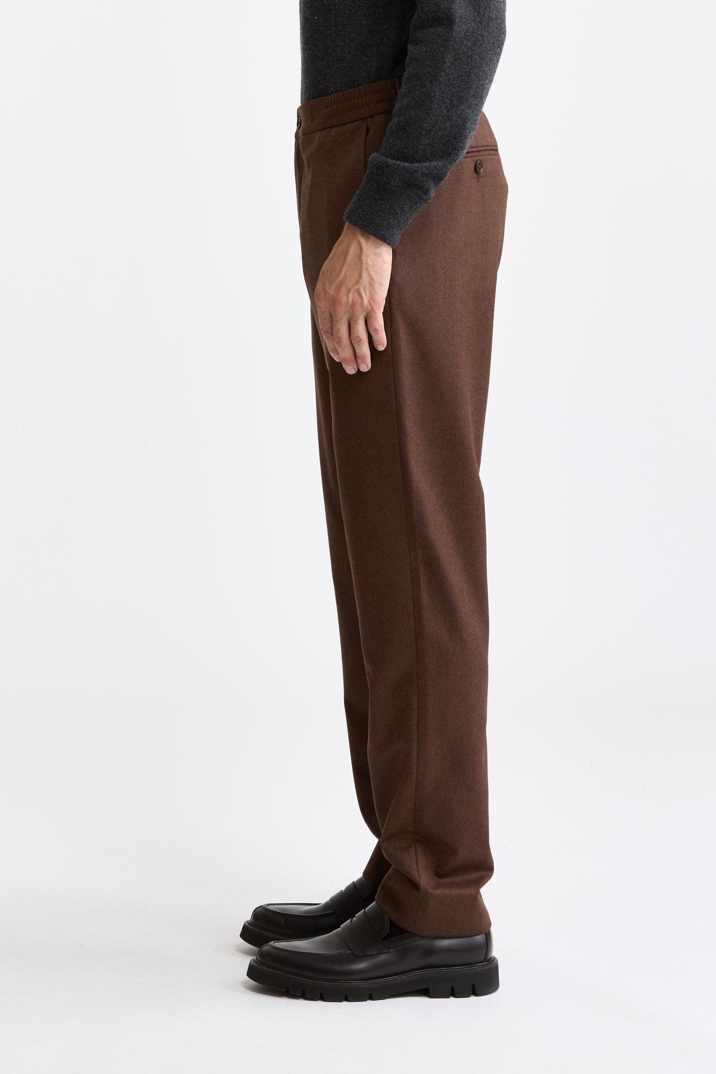 Medium Brown 100% Wool Super 100's Drawstring Trousers Flannel & Saxony