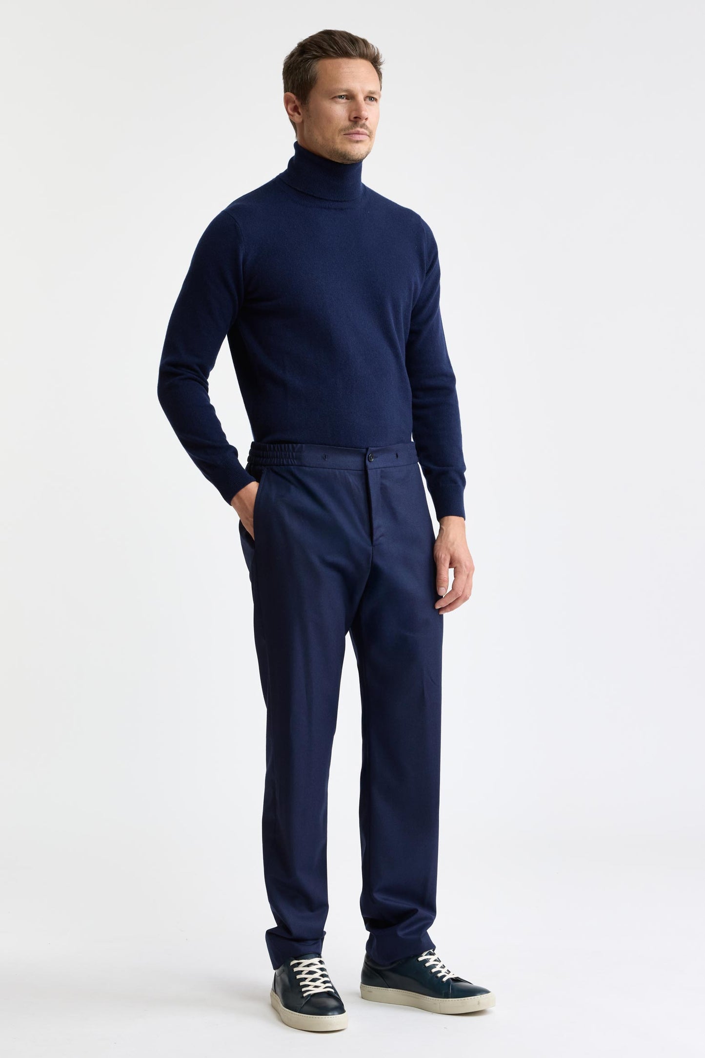 Dark Blue 100% Wool Super 100's Drawstring Trousers Flannel & Saxony