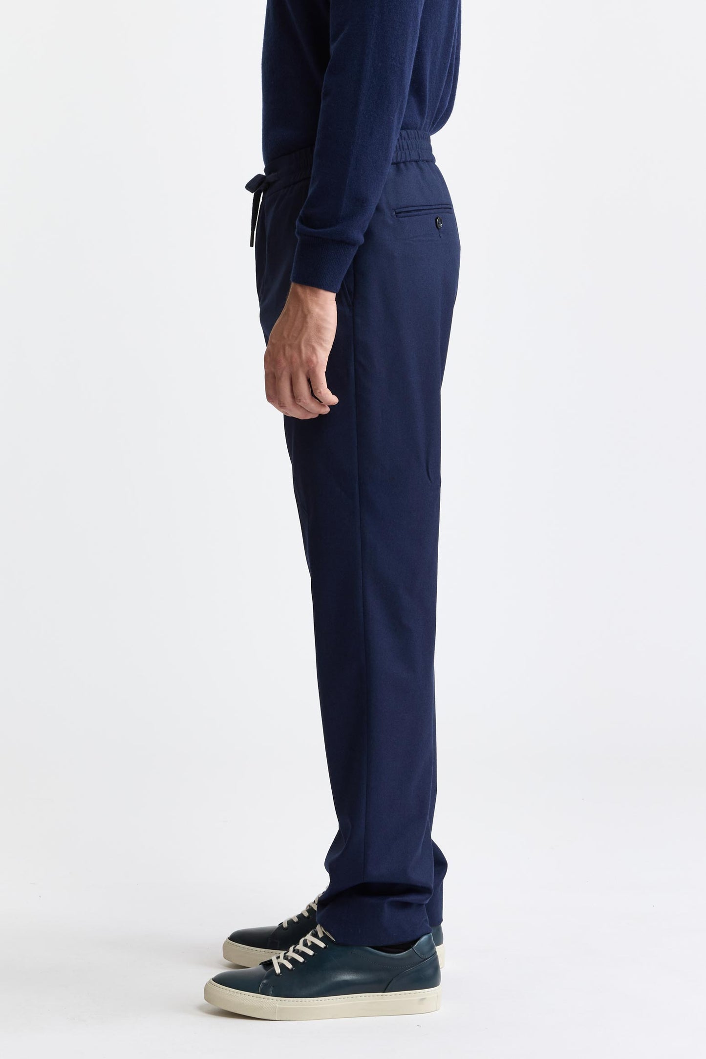 Dark Blue 100% Wool Super 100's Drawstring Trousers Flannel & Saxony