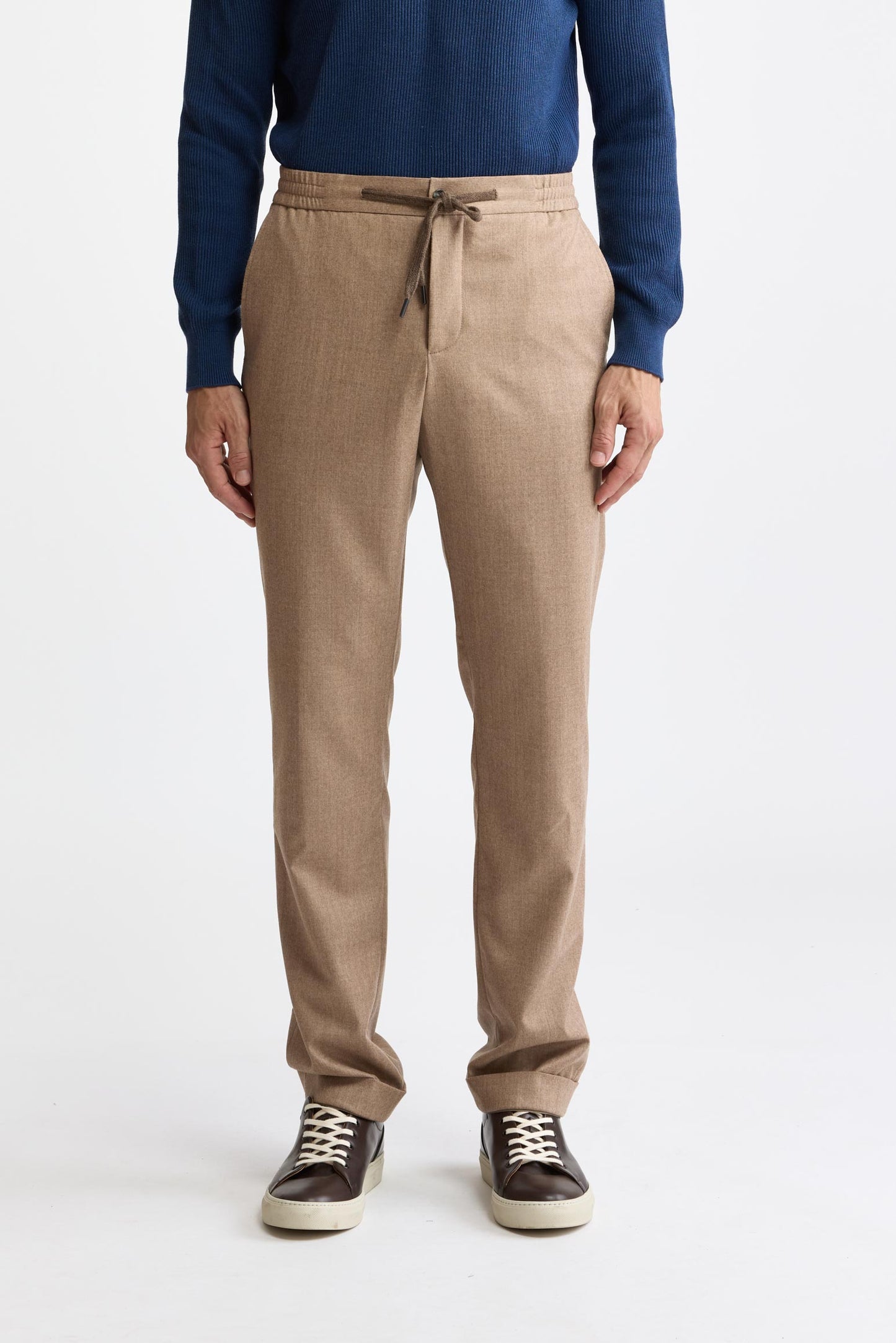 Light Brown 100% Wool Super 100's Drawstring Trousers Flannel & Saxony