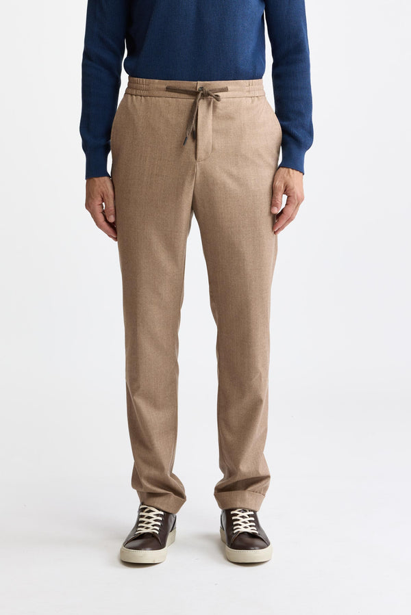 Light Brown 100% Wool Super 100's Drawstring Trousers Flannel & Saxony