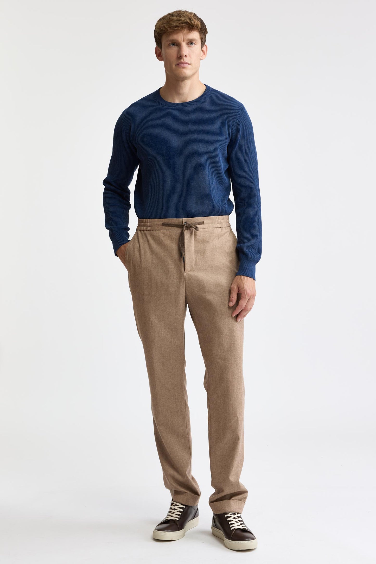Light Brown 100% Wool Super 100's Drawstring Trousers Flannel & Saxony