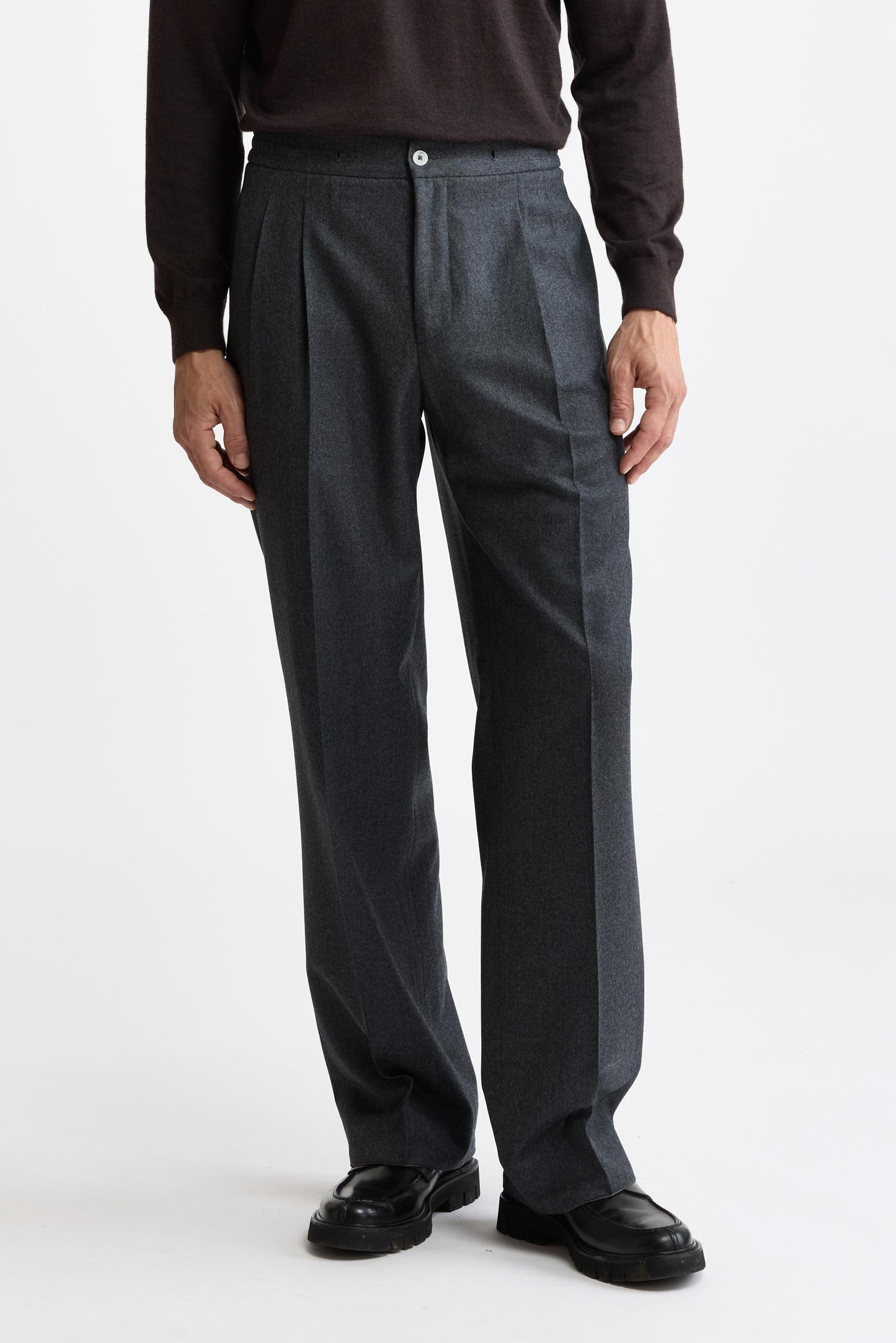 Medium Grey 100% Wool Super 100's Drawstring Trousers Flannel & Saxony