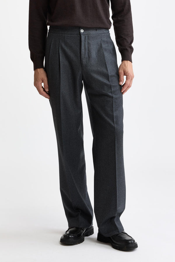 Medium Grey 100% Wool Super 100's Drawstring Trousers Flannel & Saxony
