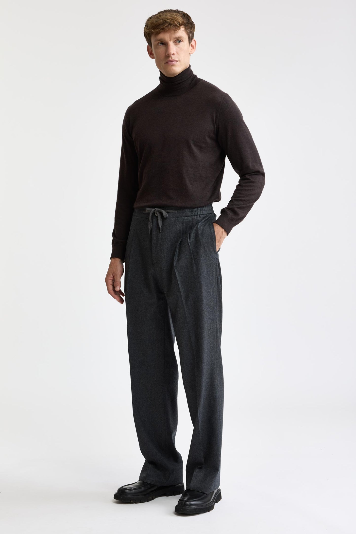 Medium Grey 100% Wool Super 100's Drawstring Trousers Flannel & Saxony