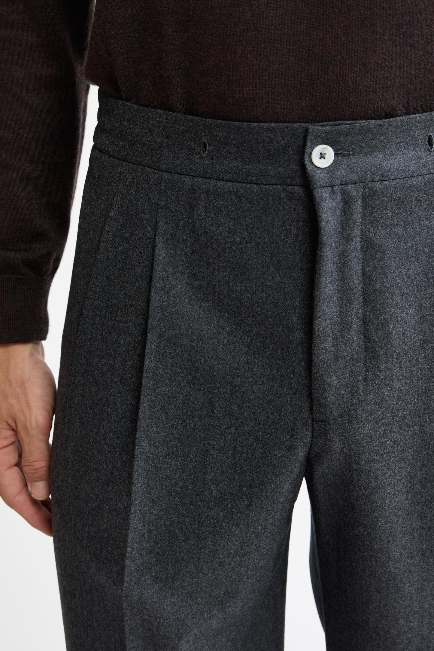 Medium Grey 100% Wool Super 100's Drawstring Trousers Flannel & Saxony