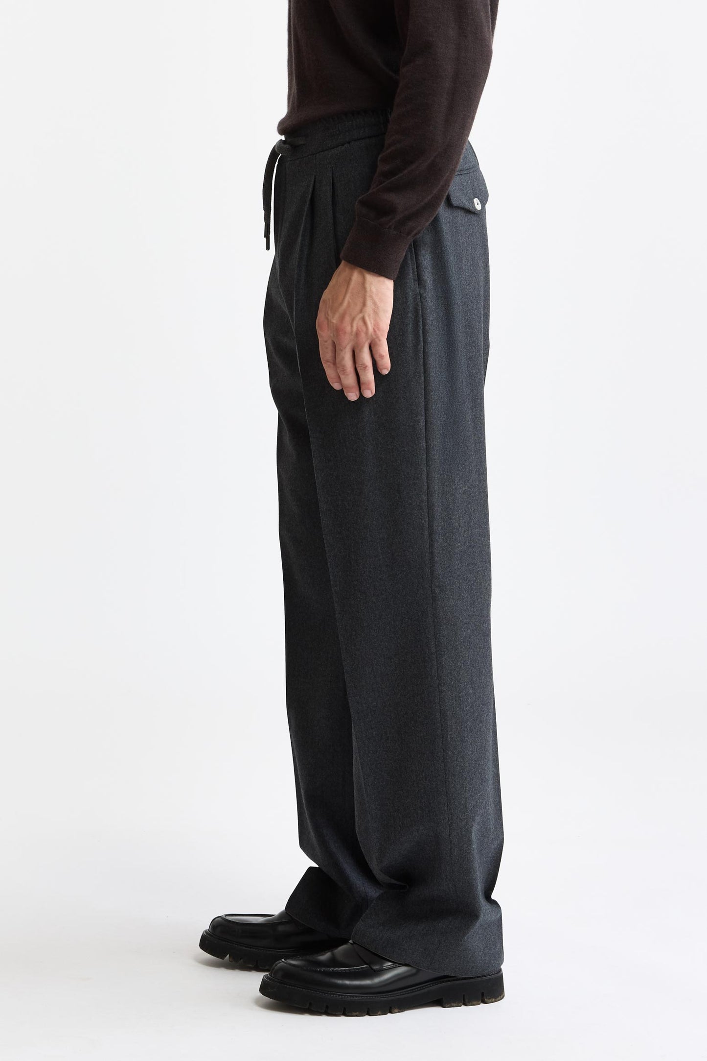 Medium Grey 100% Wool Super 100's Drawstring Trousers Flannel & Saxony