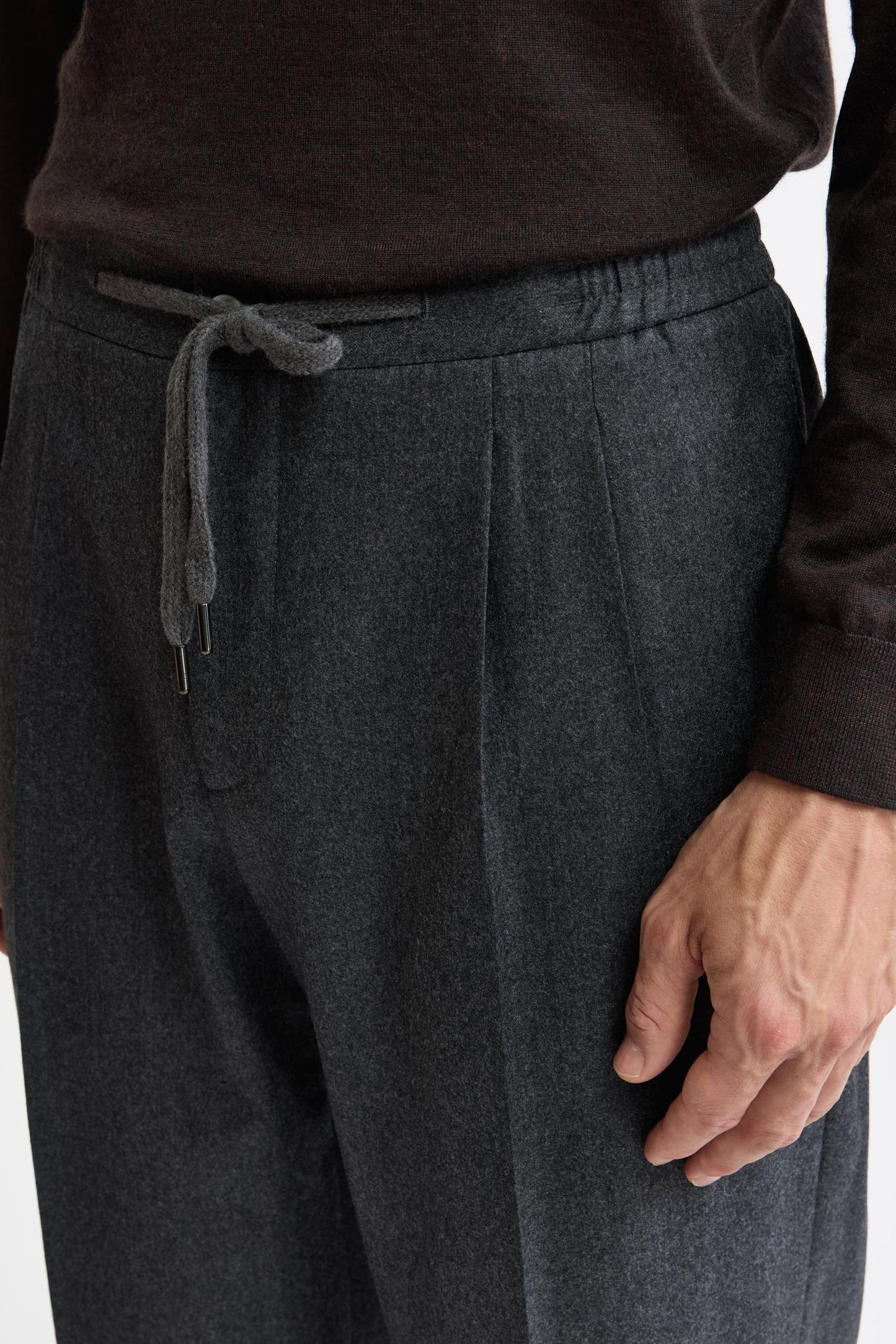 Medium Grey 100% Wool Super 100's Drawstring Trousers Flannel & Saxony