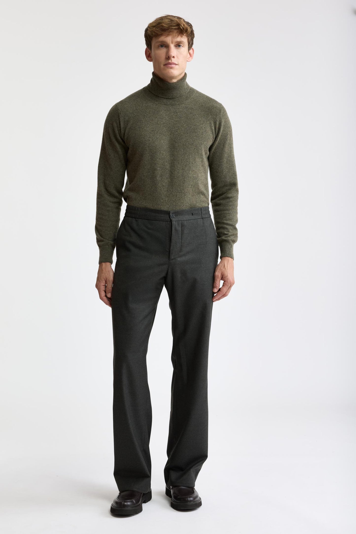 Green 100% Wool Super 100's Drawstring Trousers Flannel & Saxony
