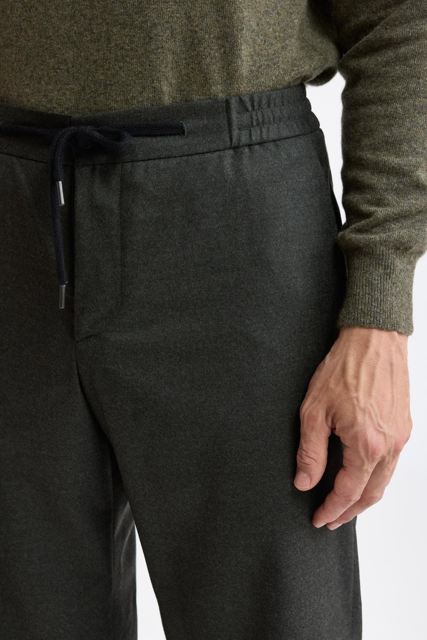 Green 100% Wool Super 100's Drawstring Trousers Flannel & Saxony