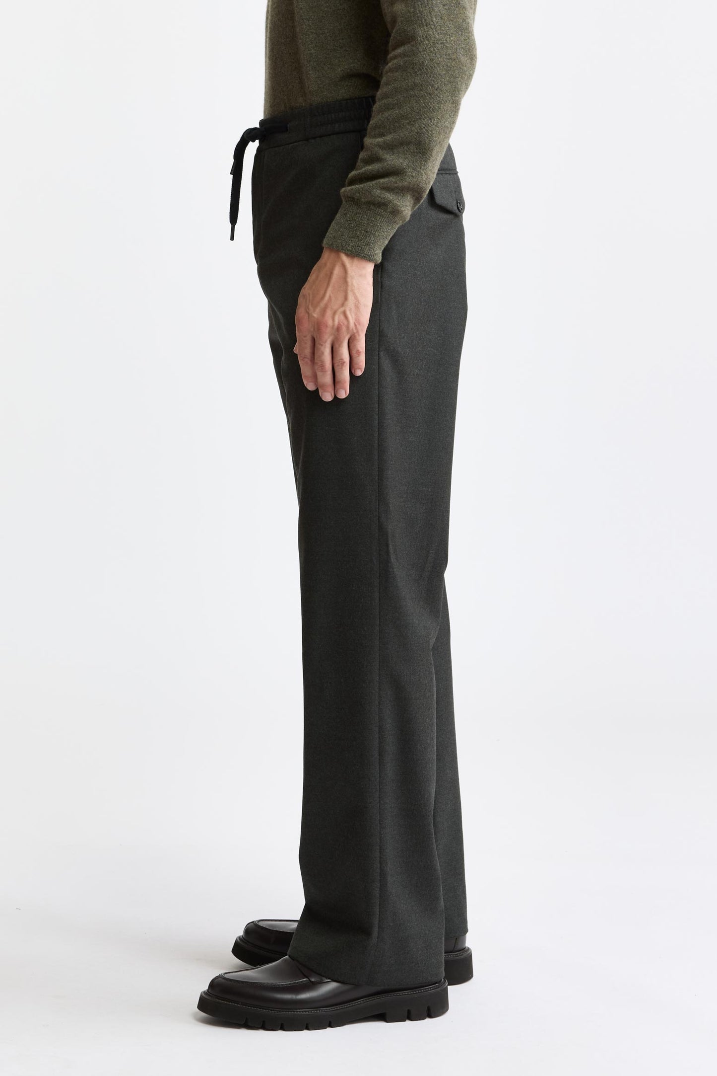 Green 100% Wool Super 100's Drawstring Trousers Flannel & Saxony